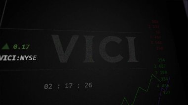 09 Nisan 2024, New York, New York. Vici Emlak 'ın logosunu bir takas ekranında kapat. Vici Emlak fiyatları hisse senetleri, bir aygıt üzerinde VICI $.