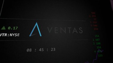 29 Nisan 2024, Chicago, Illinois. Bir değiş tokuş ekranındaki Ventas logosuna yaklaş. Ventas hisse senetleri, bir cihazda VTR $.