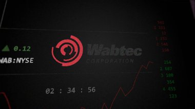 April 09th 2024 , Pittsburgh, Pennsylvania. Close up on logo of Wabtec on the screen of an exchange. Wabtec price stocks, $WAB on a device. clipart
