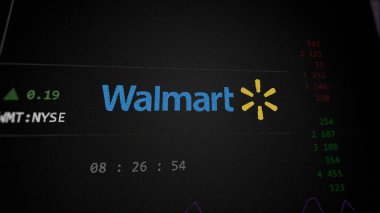 29 Nisan 2024, Bentonville, Arkansas. Bir alışveriş ekranındaki Walmart logosuna yaklaş. Walmart hisse senetleri, bir aygıtta WMT $.