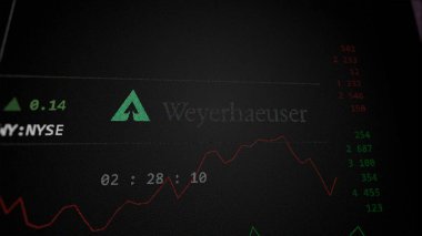 09 Nisan 2024, Seattle, Washington. Bir takas ekranındaki Weyerhaeuser logosuna yaklaş. Weyerhaeuser hisse senetleri, bir cihaza WY $.