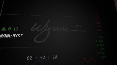 09 Nisan 2024, Cennet, Nevada. Bir değiş tokuş ekranındaki Wynn Resorts logosuna yaklaş. Wynn hisse senetlerine ve WYNN 'e bir cihaza el koydu.