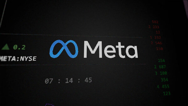 April 09th 2024 , Menlo Park, California. Close up on logo of Meta Platforms on the screen of an exchange. Meta Platforms price stocks, $META on a device.