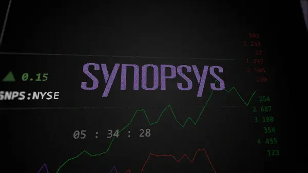 stock image April 09th 2024 , Sunnyvale, California. Close up on logo of Synopsys on the screen of an exchange. Synopsys price stocks, $SNPS on a device.