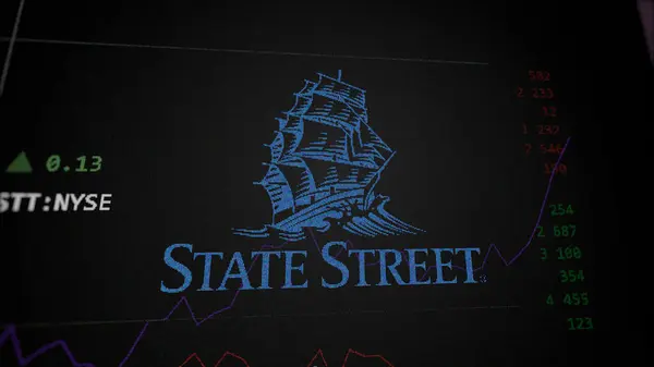 stock image April 09th 2024 , Boston, Massachusetts. Close up on logo of State Street Corporation on the screen of an exchange. State Street Corporation price stocks, $STT on a device.