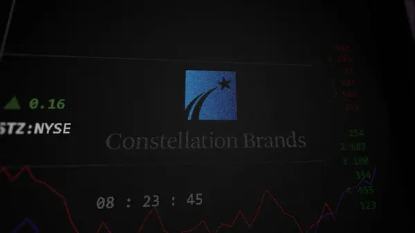 stock image April 09th 2024 , Victor, New York. Close up on logo of Constellation Brands on the screen of an exchange. Constellation Brands price stocks, $STZ on a device.