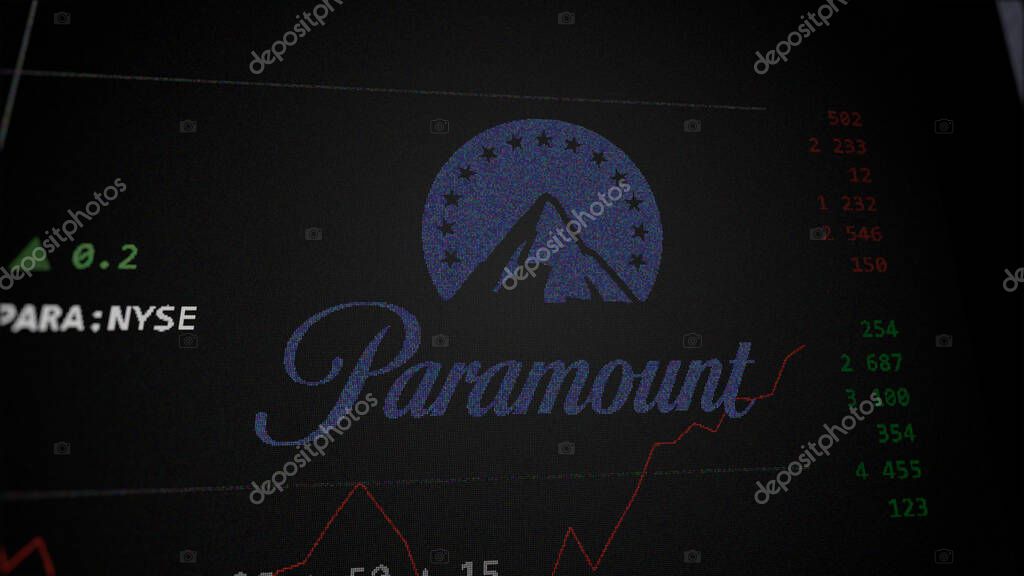 April 09th 2024 , New York City, New York. Close up on logo of Paramount Global on the screen of an exchange. Paramount Global price stocks, $PARA on a device.
