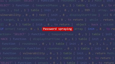 Vue 'nun kod düzenleyicisi stüdyo noktasında siber saldırı parola spreyleme metni. İncinebilirlik metni ikili sistem ascii içinde. İngilizce metin, İngilizce metin
