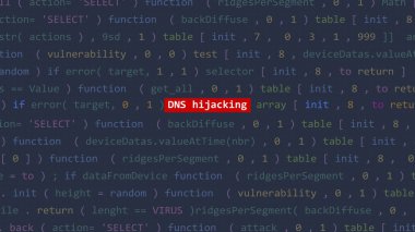 DNS hijacking text in foreground screen of code editor developer studio point of vue. Vulnerability text in binary system ascii. Text in English, English text