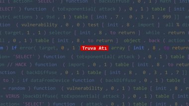Siber saldırı. Çeviri: truva atı metni Vue 'nun kod editörü stüdyo noktasında ön planda. İncinebilirlik metni ikili sistem ascii., Türkçe, Türkçe metin