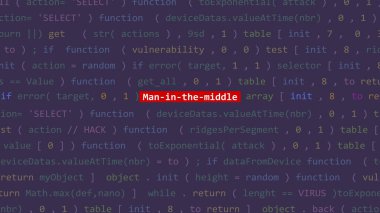 Vue 'nun kod editörü stüdyo noktasının ön ekran ekranında siber saldırı var. İncinebilirlik metni ikili sistem ascii içinde. İngilizce metin, İngilizce metin
