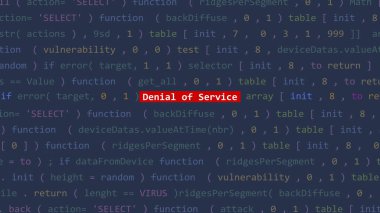 Vue 'daki kod editörü stüdyo noktasında siber saldırı servis metninin reddedilmesi. İncinebilirlik metni ikili sistem ascii içinde. İngilizce metin, İngilizce metin
