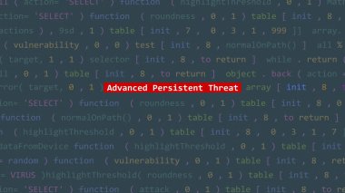 Siber saldırı, Vue 'nun kod editörü stüdyo noktasının ön planında sürekli tehdit metni oluşturdu. İncinebilirlik metni ikili sistem ascii içinde. İngilizce metin, İngilizce metin
