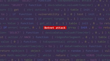 Siber saldırı botnet saldırı metni Vue 'nun kod düzenleyicisi stüdyo noktasında. İncinebilirlik metni ikili sistem ascii içinde. İngilizce metin, İngilizce metin