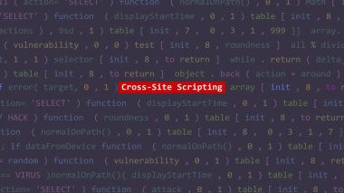 Vue 'nun kod editörü stüdyo noktasında siber saldırı metni ön planda. İncinebilirlik metni ikili sistem ascii içinde. İngilizce metin, İngilizce metin