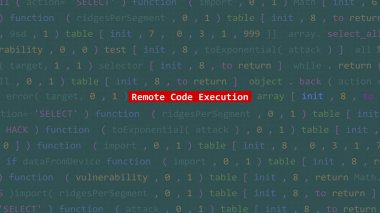 Vue 'nun kod düzenleyicisi stüdyo noktasında siber saldırı uzaktan kumandalı uygulama metni. İncinebilirlik metni ikili sistem ascii içinde. İngilizce metin, İngilizce metin