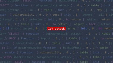 Vue 'daki kod editörü stüdyo noktasında siber saldırı metni. İncinebilirlik metni ikili sistem ascii içinde. İngilizce metin, İngilizce metin