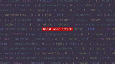 Vue 'nun kod düzenleyicisi stüdyo noktasında siber saldırı amaçlı kullanıcı saldırısı metni. İncinebilirlik metni ikili sistem ascii içinde. İngilizce metin, İngilizce metin