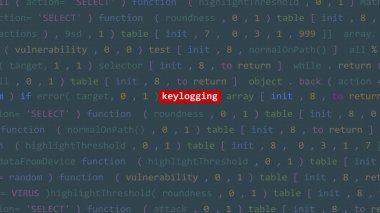 Vue 'nun kod düzenleyicisi stüdyo noktasının ön planında siber saldırı tuş günlüğü metni. İncinebilirlik metni ikili sistem ascii içinde. İngilizce metin, İngilizce metin