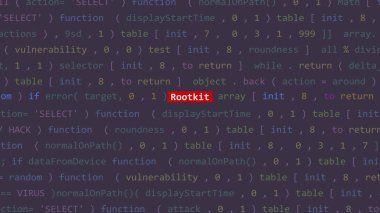 Vue 'nun kod editörü stüdyo noktasında siber saldırı rootkit metni. İncinebilirlik metni ikili sistem ascii içinde. İngilizce metin, İngilizce metin