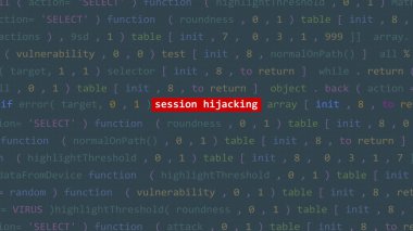 Siber saldırı oturumu Vue 'nun kod editörü stüdyo noktasında ön plandaki metni gasp ediyor. İncinebilirlik metni ikili sistem ascii içinde. İngilizce metin, İngilizce metin