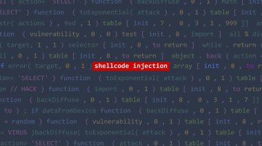 Vue 'nun kod düzenleyicisi stüdyo noktasında siber saldırı kabuk enjeksiyon metni. İncinebilirlik metni ikili sistem ascii içinde. İngilizce metin, İngilizce metin