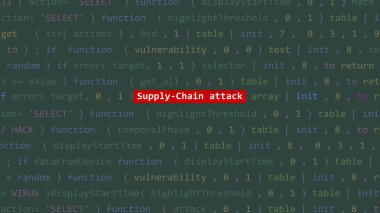 Vue 'nun kod editörü stüdyo noktasında siber saldırı tedarik zinciri saldırısı metni. İncinebilirlik metni ikili sistem ascii içinde. İngilizce metin, İngilizce metin