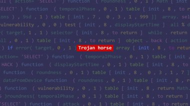 Sanal saldırı Truva Atı metni Vue 'nun kod editörü stüdyo noktasında ön planda. İncinebilirlik metni ikili sistem ascii içinde. İngilizce metin, İngilizce metin