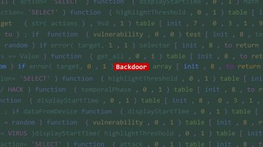 Vue 'nun kod editörü stüdyo noktasının ön planında siber saldırı metni. İncinebilirlik metni ikili sistem ascii içinde. İngilizce metin, İngilizce metin