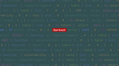 Siber saldırı Darknet metni Vue 'nun kod düzenleyicisi stüdyo noktasında ön planda. İncinebilirlik metni ikili sistem ascii içinde. İngilizce metin, İngilizce metin