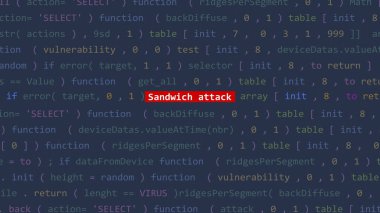 Siber saldırı sandviç saldırısı metni Vue 'nun kod editörü stüdyo noktasında. İncinebilirlik metni ikili sistem ascii içinde. İngilizce metin, İngilizce metin