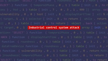 Siber saldırı endüstriyel kontrol sistemi saldırı metni Vue 'nun kod düzenleyicisi stüdyo noktasında. İncinebilirlik metni ikili sistem ascii içinde. İngilizce metin, İngilizce metin