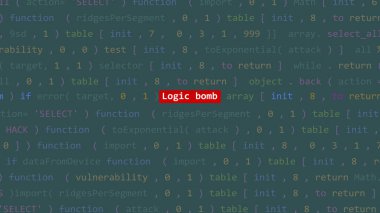 Vue 'nun kod editörü stüdyo noktasında siber saldırı mantık bombası metni. İncinebilirlik metni ikili sistem ascii içinde. İngilizce metin, İngilizce metin
