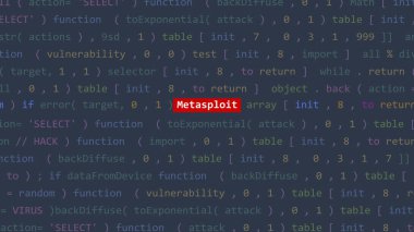 Siber saldırı metasploit metni Vue 'nun kod düzenleyicisi stüdyo noktasında ön planda. İncinebilirlik metni ikili sistem ascii içinde. İngilizce metin, İngilizce metin