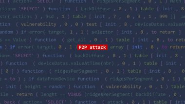 Siber saldırı p2p saldırı metni Vue 'nun kod düzenleyicisi stüdyo noktasında. İncinebilirlik metni ikili sistem ascii içinde. İngilizce metin, İngilizce metin