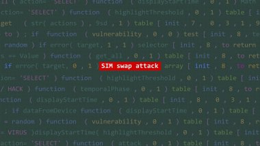 Siber saldırı simülasyon saldırı metni Vue 'nun kod düzenleyicisi stüdyo noktasında. İncinebilirlik metni ikili sistem ascii içinde. İngilizce metin, İngilizce metin