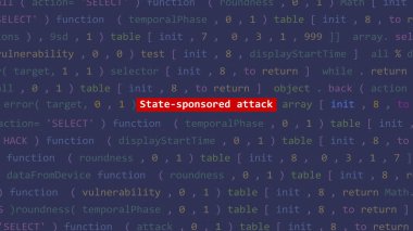 Vue 'nun kod editörü stüdyo noktasında siber saldırı eyaleti destekli saldırı metni. İncinebilirlik metni ikili sistem ascii içinde. İngilizce metin, İngilizce metin