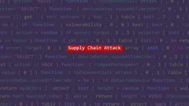Vue 'daki kod editörü stüdyo noktasında siber saldırı zinciri saldırı metni var. İncinebilirlik metni ikili sistem ascii içinde. İngilizce metin, İngilizce metin