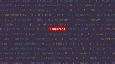 Vue 'nun kod editörü stüdyo noktasında siber saldırı metni. İncinebilirlik metni ikili sistem ascii içinde. İngilizce metin, İngilizce metin