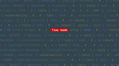 Siber saldırı saatli bomba metni Vue 'nun kod düzenleyicisi stüdyo noktasında. İncinebilirlik metni ikili sistem ascii içinde. İngilizce metin, İngilizce metin