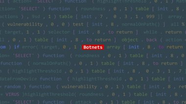 Siber saldırı botnetleri Vue 'nun kod düzenleyicisi stüdyo noktasının ön ekran metninde. İncinebilirlik metni ikili sistem ascii içinde. İngilizce metin, İngilizce metin