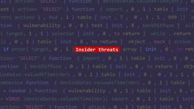 Siber saldırı içeriden tehditler içeren metinler Vue 'nun ön ekran kod editörü stüdyo noktasında. İncinebilirlik metni ikili sistem ascii içinde. İngilizce metin, İngilizce metin