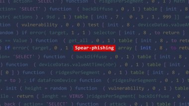 Vue 'nun kod düzenleyicisi stüdyo noktasında siber saldırı mızrak ustası metni. İncinebilirlik metni ikili sistem ascii içinde. İngilizce metin, İngilizce metin