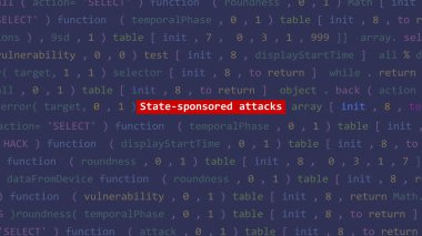 Siber saldırı devlet destekli saldırı metni Vue 'nun kod editörü stüdyo noktasında ön planda. İncinebilirlik metni ikili sistem ascii içinde. İngilizce metin, İngilizce metin