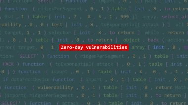 Siber saldırı sıfır gün savunmasızlık metni Vue 'nun kod editörü stüdyo noktasında. İncinebilirlik metni ikili sistem ascii içinde. İngilizce metin, İngilizce metin