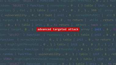 Siber saldırı, Vue 'nun kod editörü stüdyo noktasının ön planında gelişmiş hedefli saldırı metni. İncinebilirlik metni ikili sistem ascii içinde. İngilizce metin, İngilizce metin