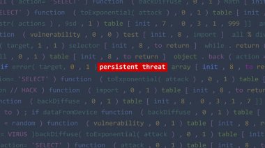 Vue 'nun kod editörü stüdyo noktasında sürekli siber saldırı tehdidi mesajı. İncinebilirlik metni ikili sistem ascii içinde. İngilizce metin, İngilizce metin