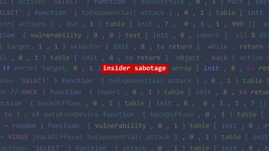 Siber saldırı içeriden sabotaj metni Vue 'nun ön ekran kod editörü stüdyo noktasında. İncinebilirlik metni ikili sistem ascii içinde. İngilizce metin, İngilizce metin
