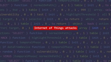 Nesnelerin siber saldırı interneti Vue 'nun kod düzenleyicisi stüdyo noktasında metne saldırıyor. İncinebilirlik metni ikili sistem ascii içinde. İngilizce metin, İngilizce metin