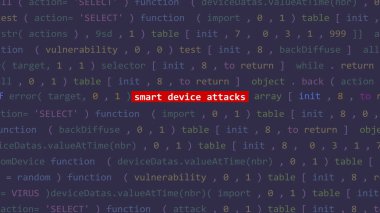 Siber saldırının aygıtı Vue 'nun kod düzenleyicisi stüdyo noktasının ön planında metne saldırıyor. İncinebilirlik metni ikili sistem ascii içinde. İngilizce metin, İngilizce metin